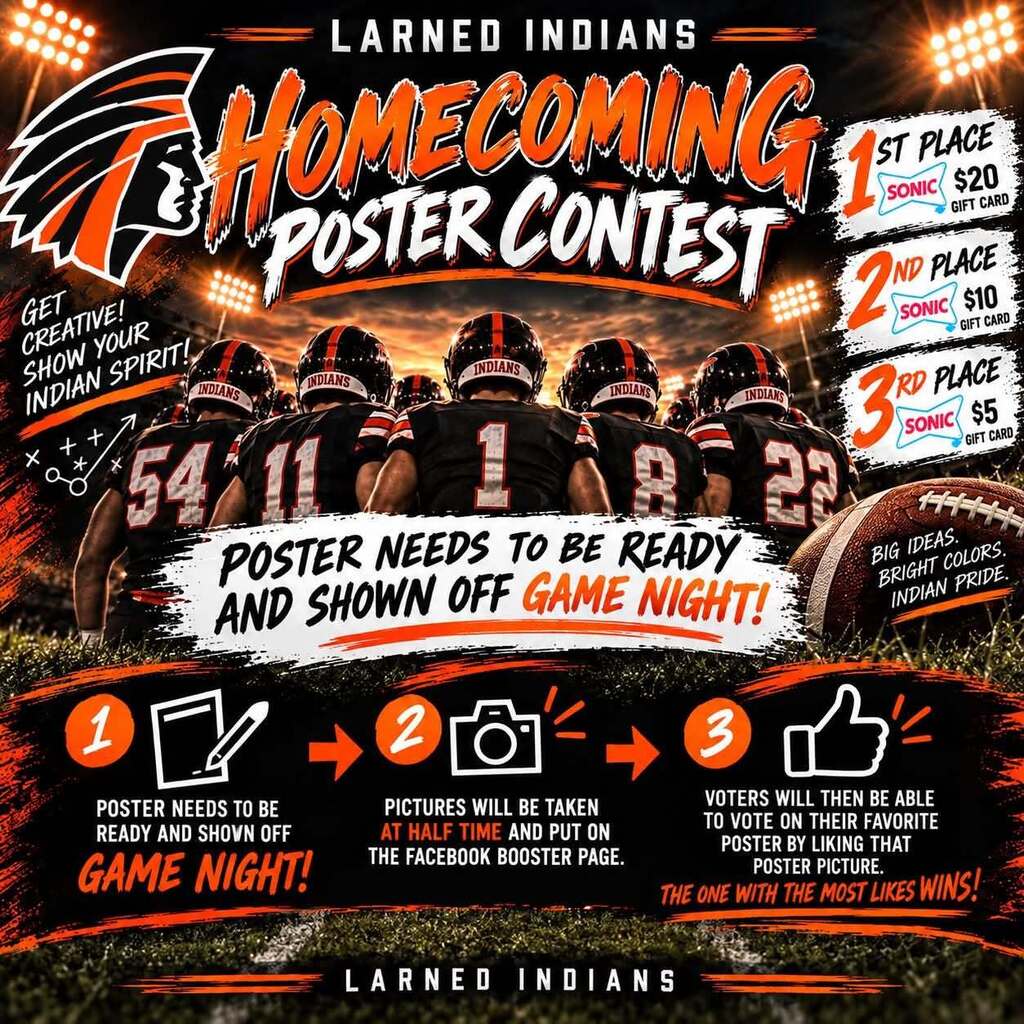 A football poster contest announcement for homecoming. It shows steps for participating and prizes for the winners.