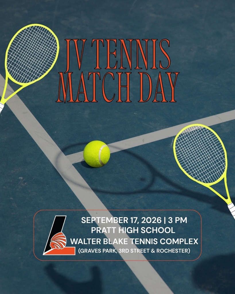 Tennis rackets, a tennis ball, and white lines on a blue tennis court with text "IV Tennis Match Day" and "September 17, 2026 at 3 PM Pratt High School".