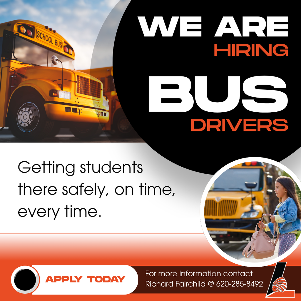 Ad with a yellow school bus in the background and a woman holding a bag. Text reads "We are hiring bus drivers."