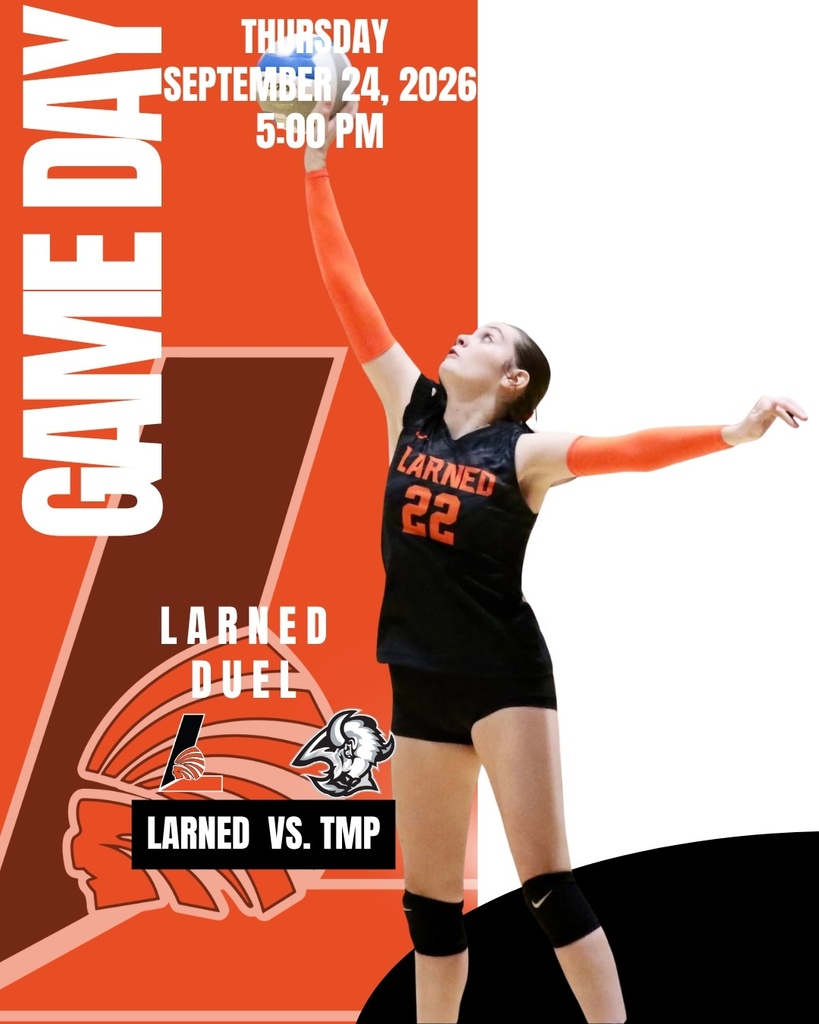 An athlete in a black jersey and shorts, jumping to hit a volleyball. The text reads "Game Day" and "LARNED DUEL" with a date and time.