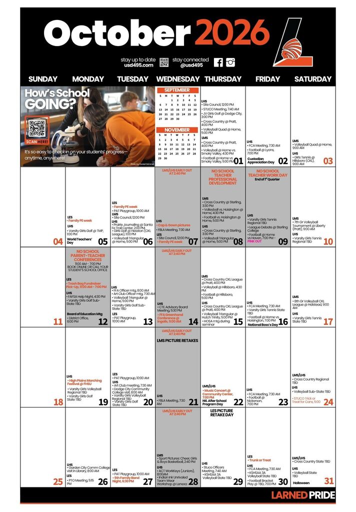 A calendar for October 2026 shows days and dates. It includes two people in orange clothes.