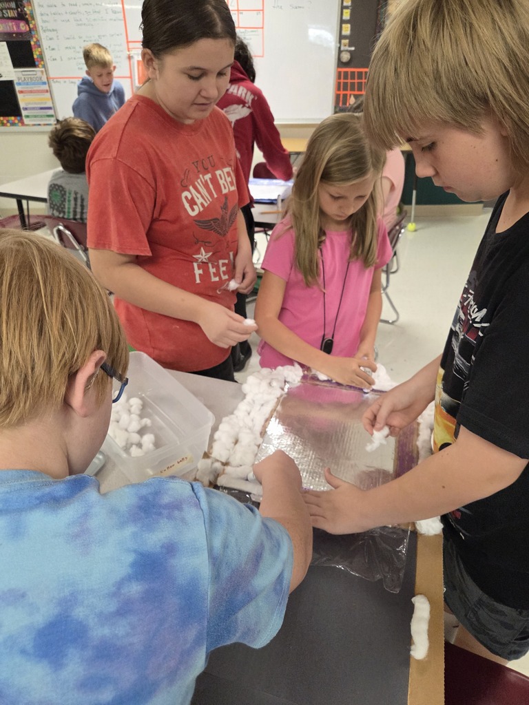Four children in a classroom focus on an experiment. They surround a table with a tray of cotton balls.
