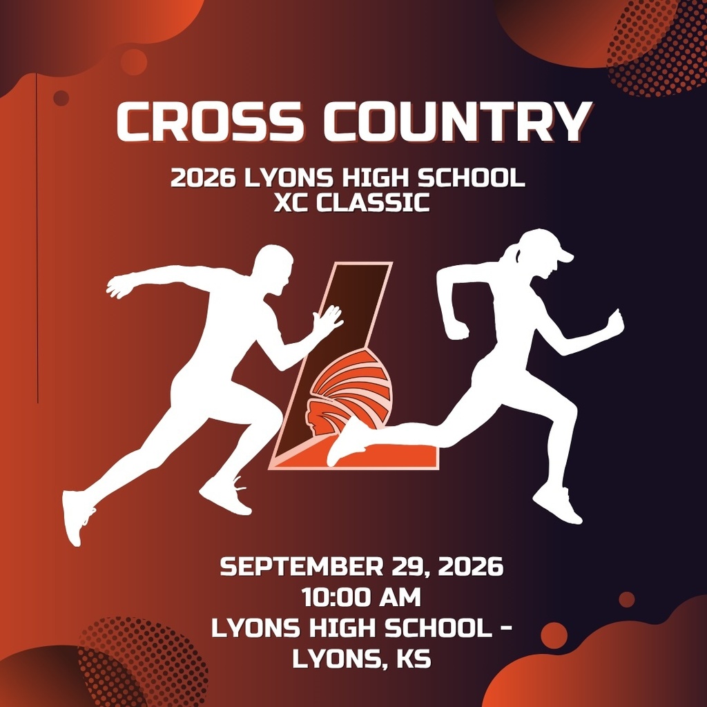 Event poster for the 2026 Lyons High School XC Classic. Two figures run, one ahead, on a red background.
