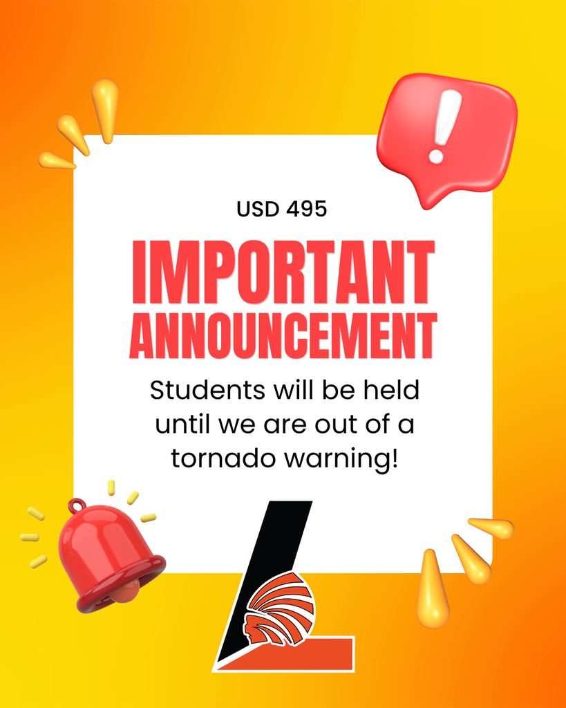 Poster with "USD 495" at top, "IMPORTANT ANNOUNCEMENT" in red text, and "Students will be held until we are out of a tornado warning!" below.