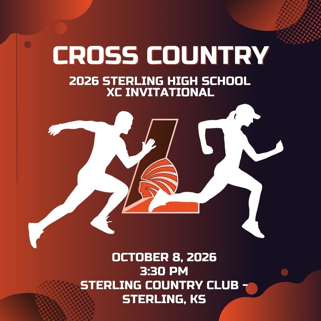 Event poster with two runners in silhouette and "Cross Country 2026 Sterling High School XC Invitational" in white text.