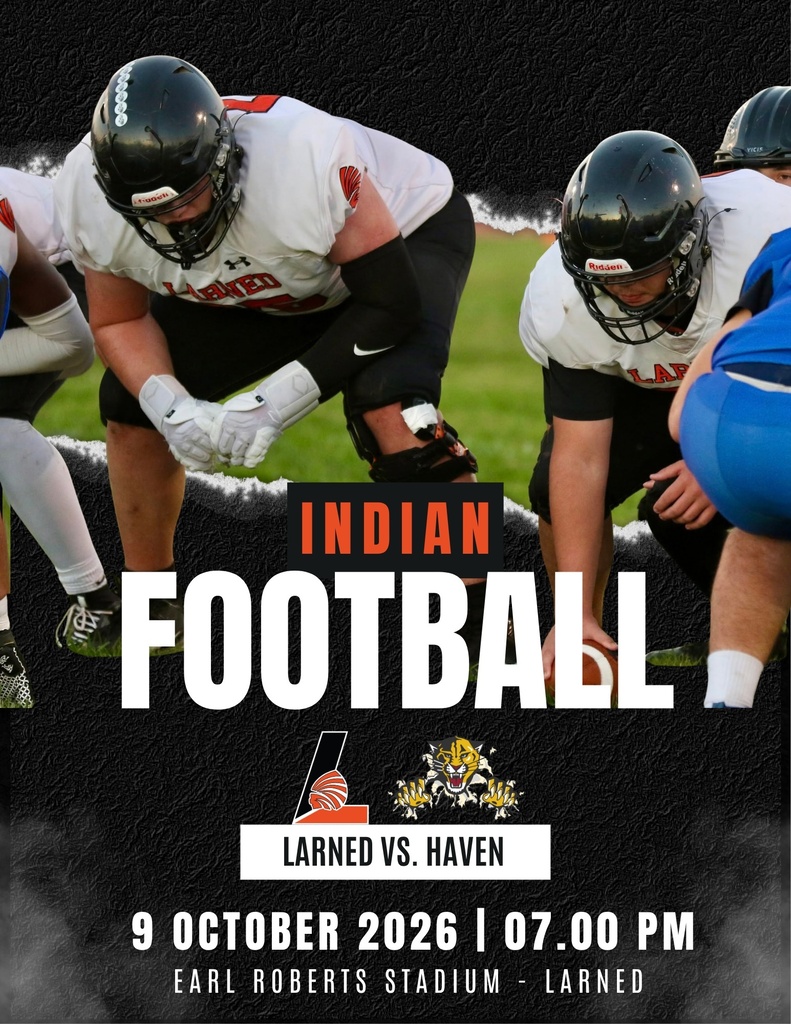 Sports event poster showing football players in helmets. Text reads "Indian Football, Larned vs. Haven, 9 October 2026, 7:00 PM."