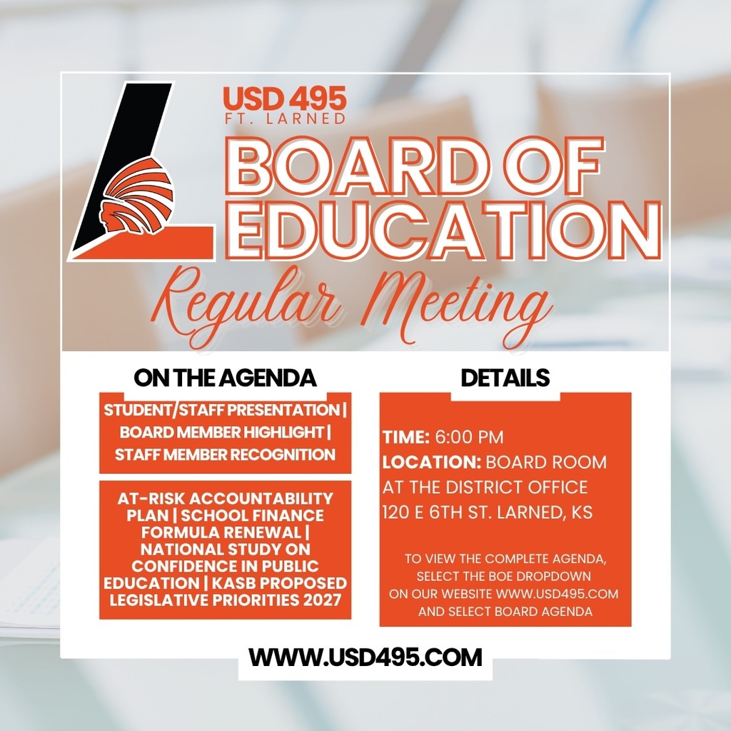An advertisement with an orange background. The text reads "USD 495 FT. Larned Board of Education Regular Meeting" with additional details.