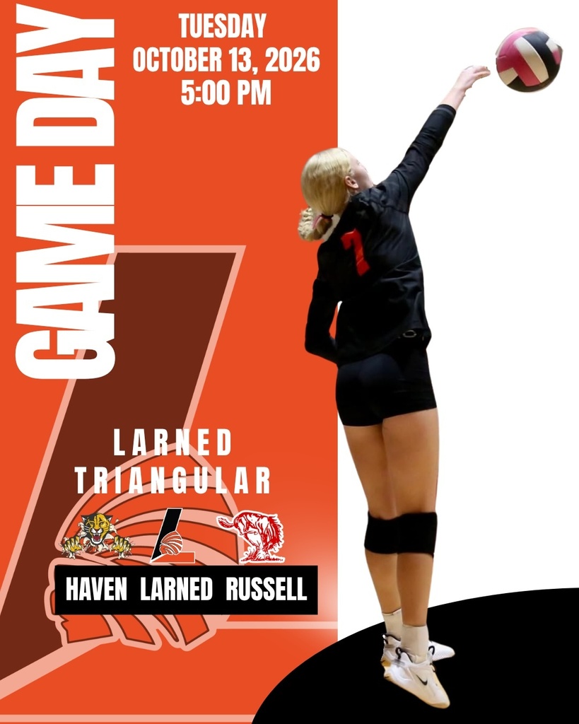 A poster for a volleyball game at Larned Triangular on October 13, 2026 at 5:00 PM.