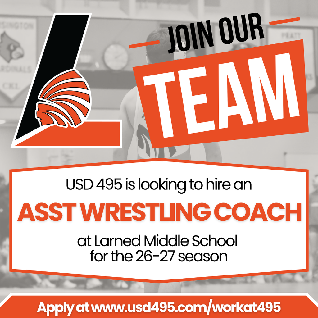 A job posting for an assistant wrestling coach at Larned Middle School in the 26-27 season.