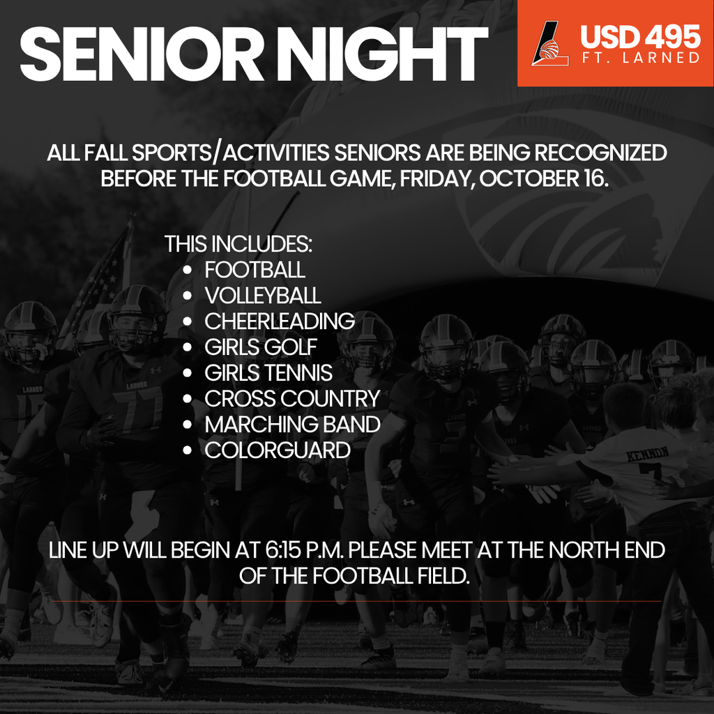 An advertisement with a black background lists activities and sports for Senior Night. A group of people in sports gear is shown.