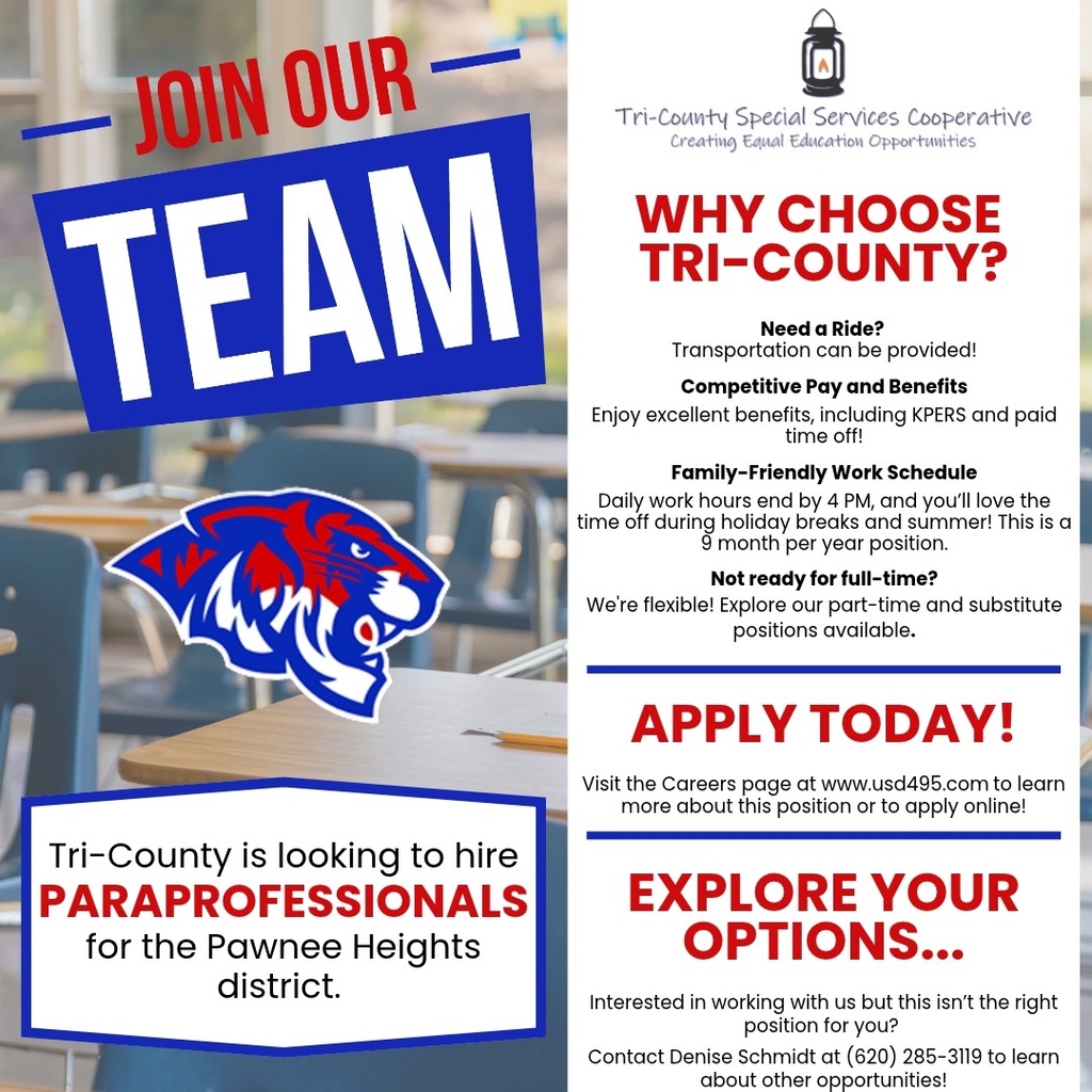 Poster advertising open positions for paraprofessionals. The poster has a school logo, and is in blue, white, and orange colors.