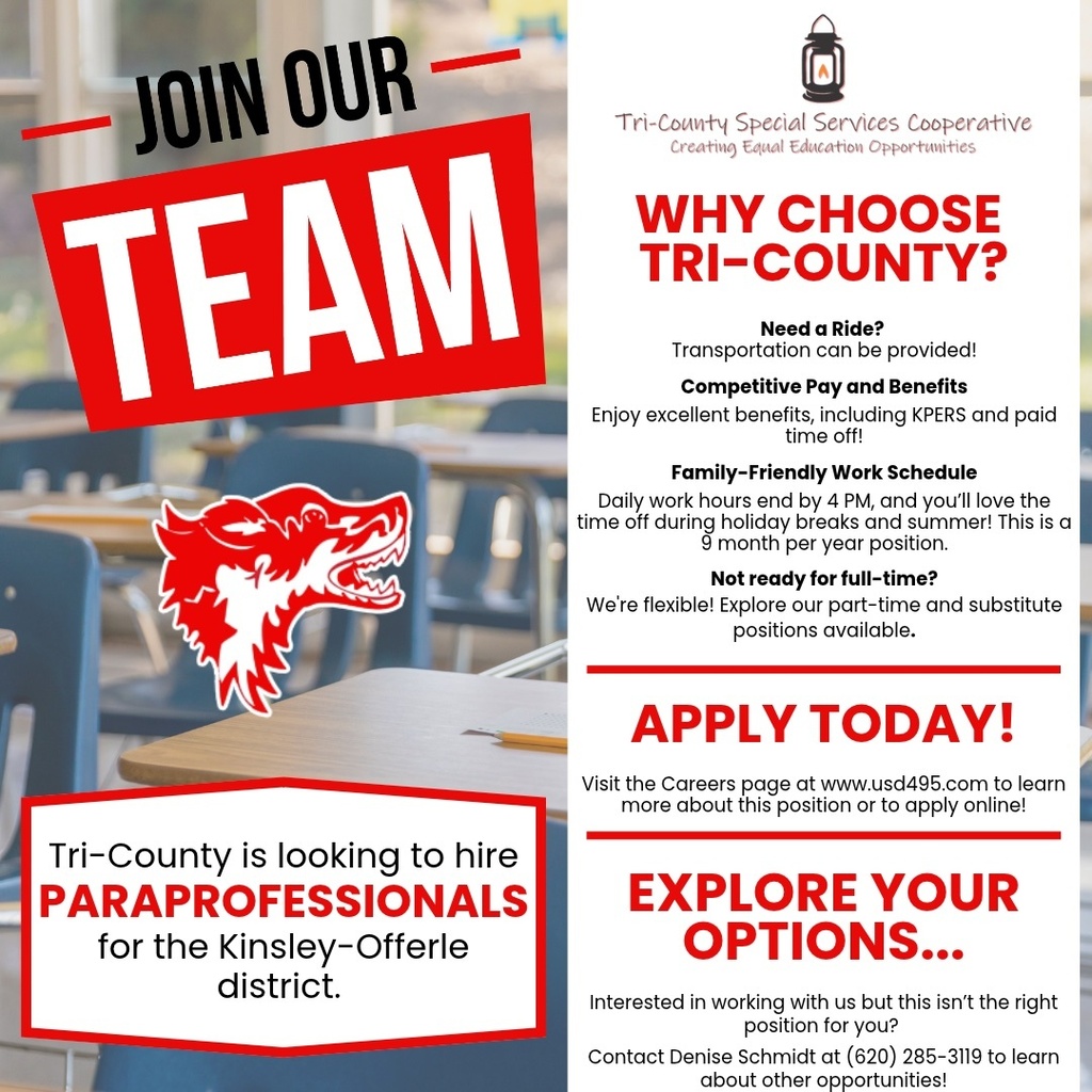Job opening for paraprofessionals. Text: Join our team. Benefits. Competitive pay, paid time off, summer breaks. Apply today.