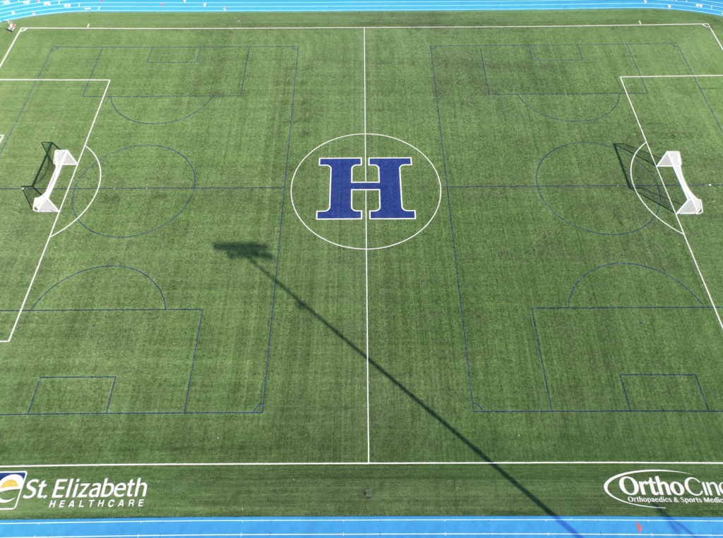 An aerial shot of the soccer pitch with the track installed.