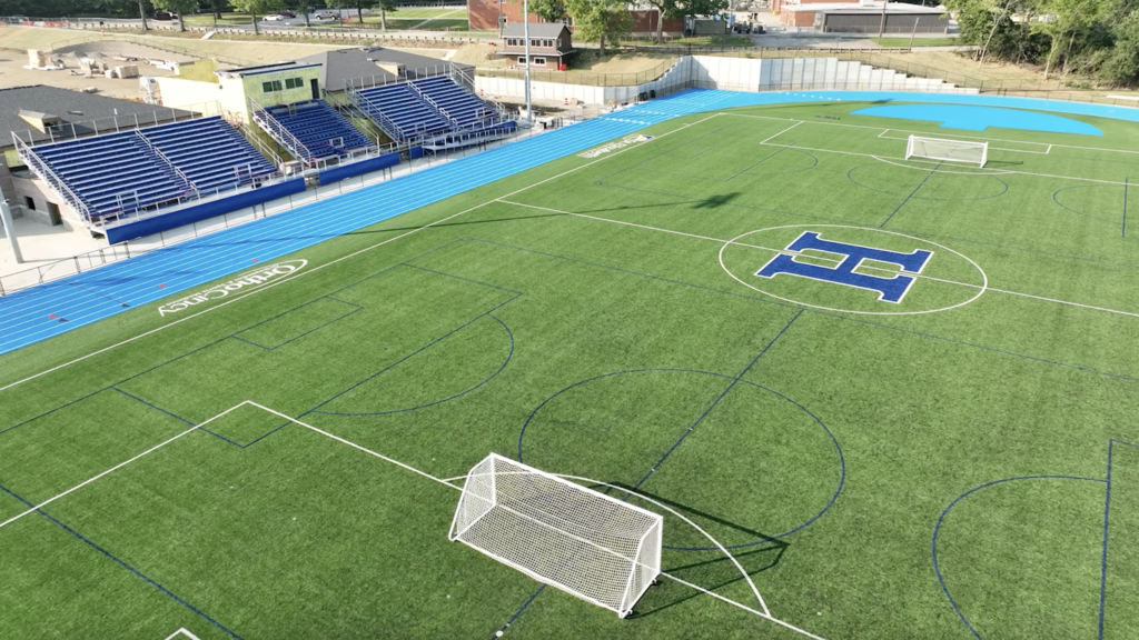 A drone flies over the completely re-built Tower Park Athletic Complex.