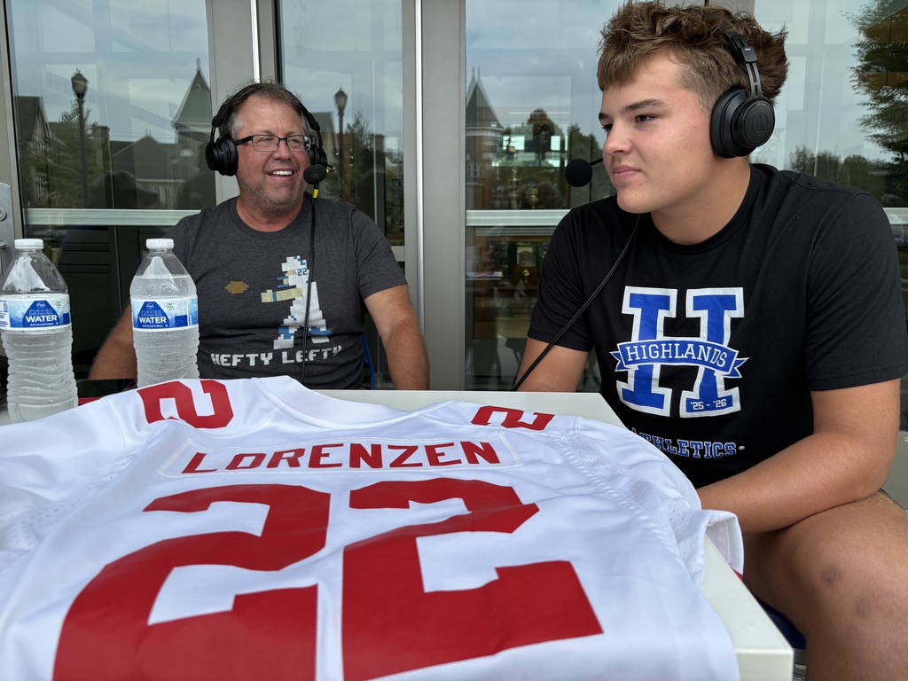 KSR's Ryan Lemond visits with Highlands junior Tayden Lorenzen on-campus in Fort Thomas.