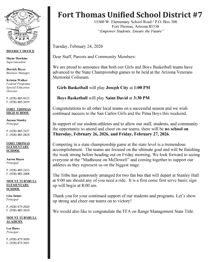 FTHS:  No School on 2/26/2026