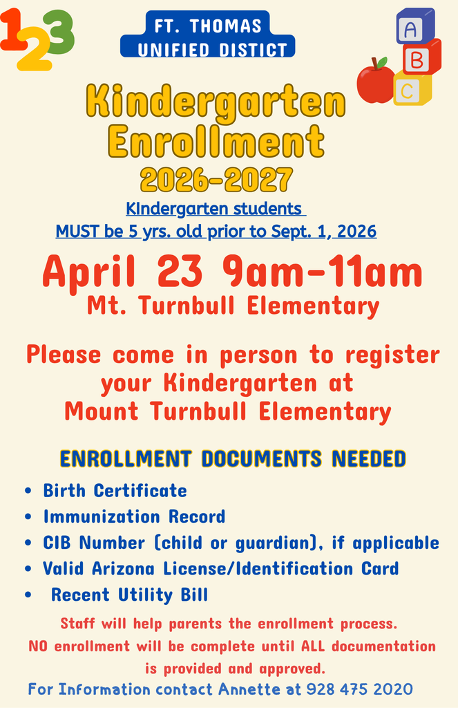 If you were unable to register your Kindergarten student today please join us at Mount Turnbull Elementary tomorrow at 9-11 am. If your student wasn't able to attend Kindgarten Round -up today please bring them tomorrow so they can complete the screenings and activities we have planned for them.