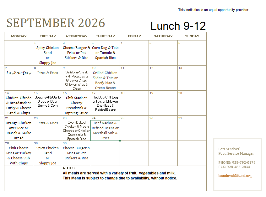 September Lunch Menu