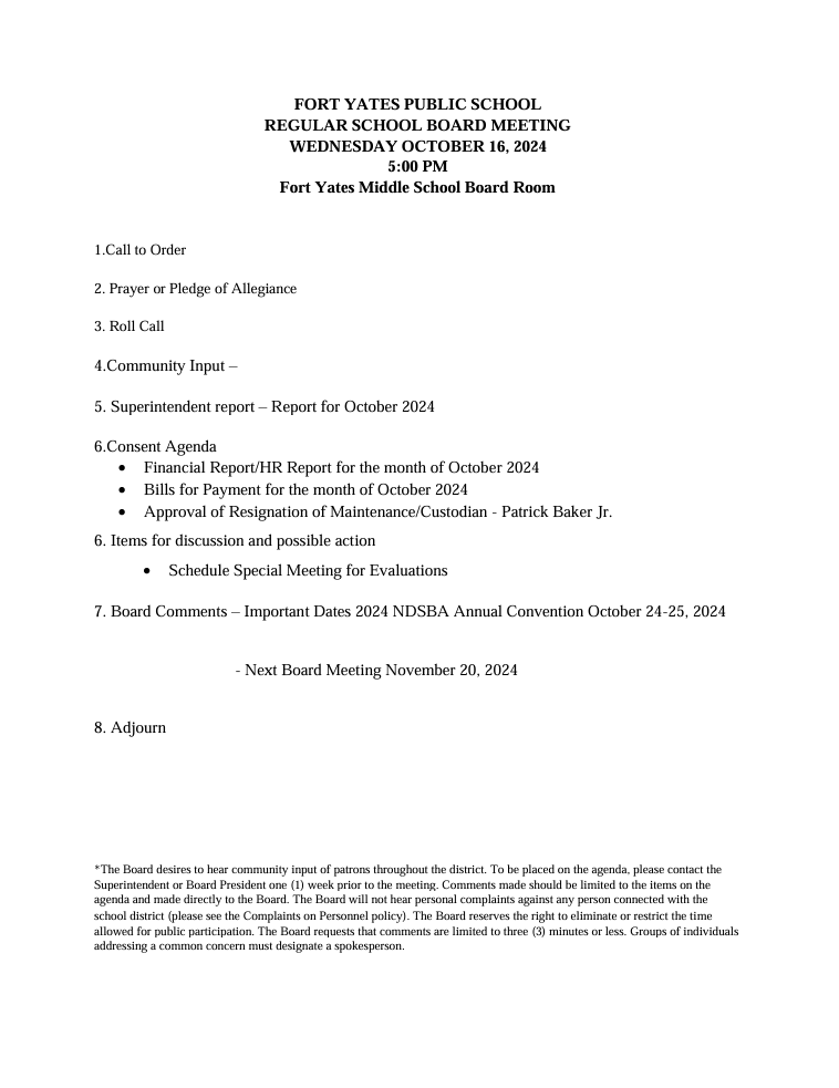 FORT YATES PUBLIC SCHOOL REGULAR SCHOOL BOARD MEETING Wednesday