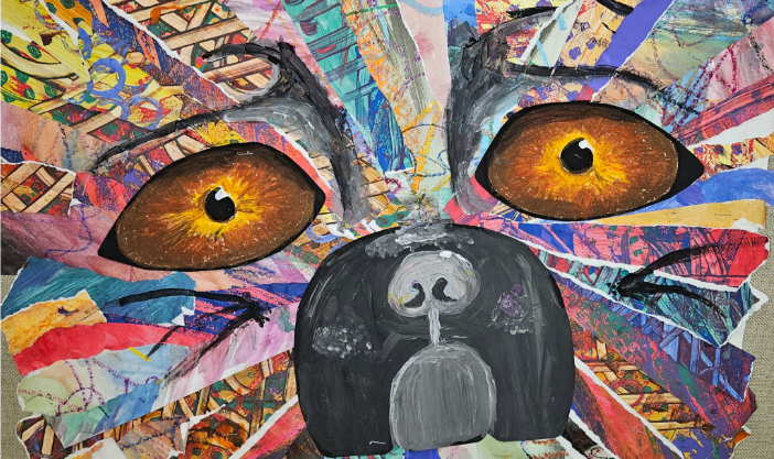 Eyes and snout stare out from a colorvul mosaic dog face