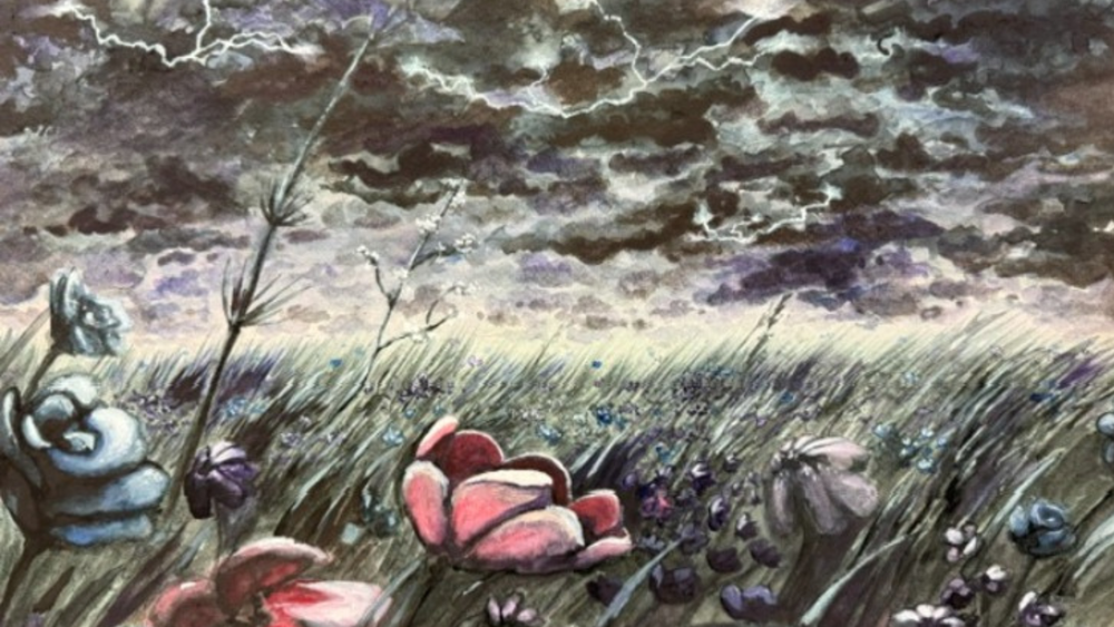 Watercolor painting of a stormy sky with a field of flowers blowing in the wind.