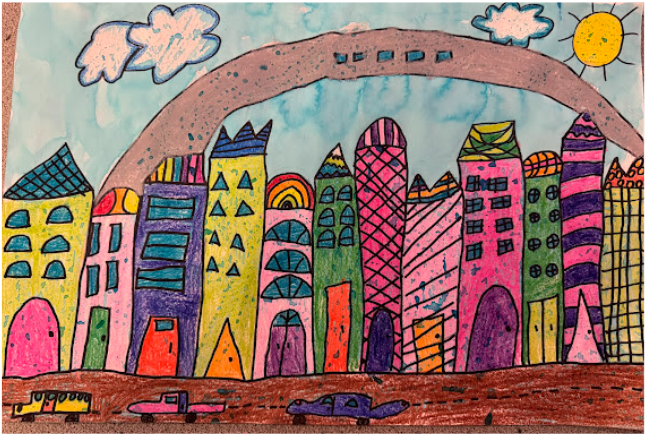 students colorful cityscape complete with the arch over the buildings