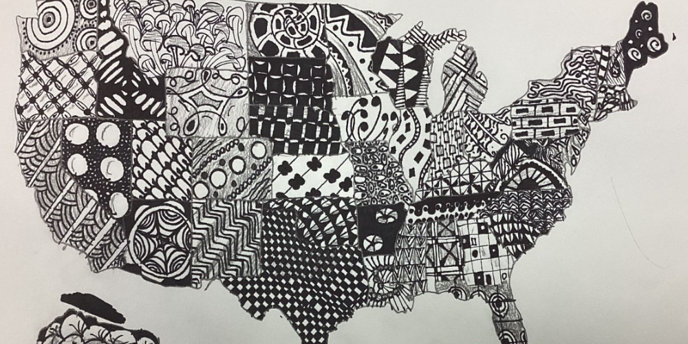 Zentangle US map. Black and white. Each state in a unique pattern