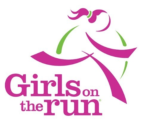 Girls on the Run logo - girls on the run written in pink with a artistic outline of a girl behind