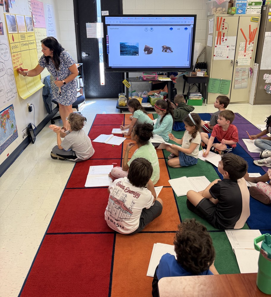 Mrs. Wiehe's class works collaboratively to decide which ideas to anchor about rock types