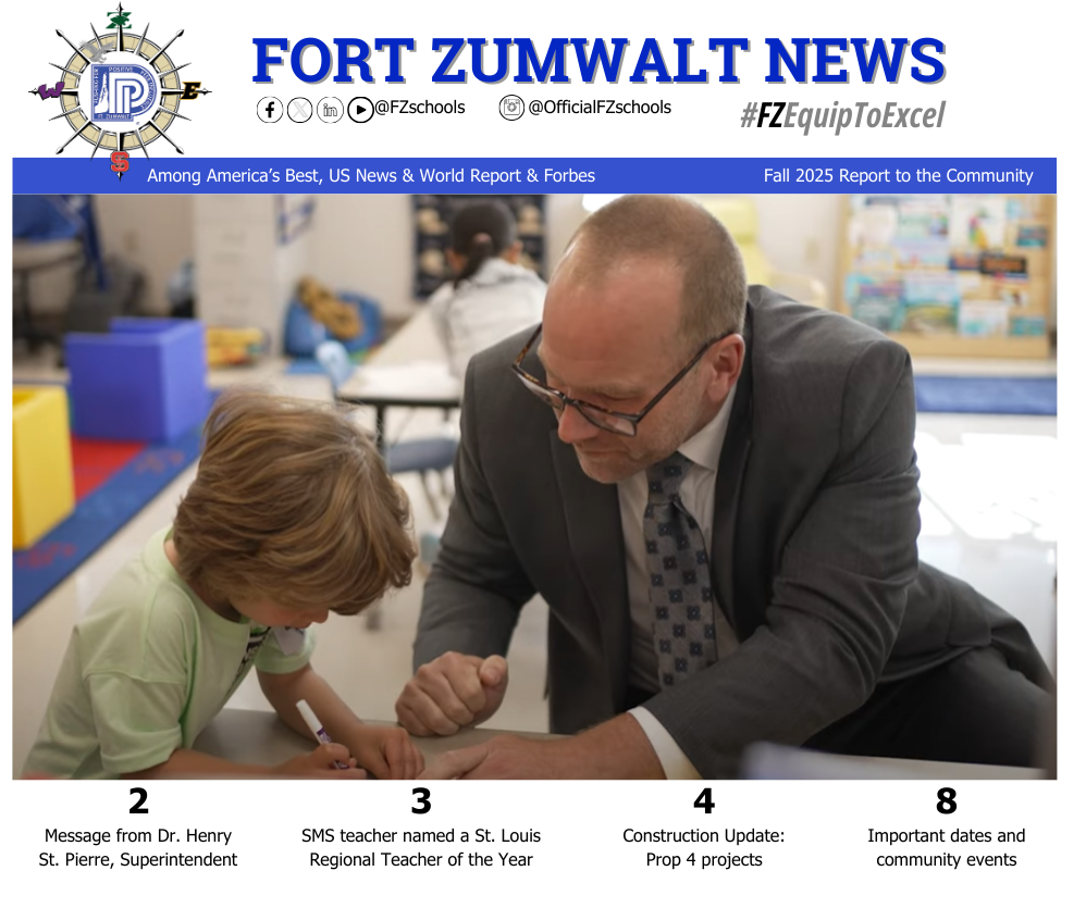 Cover of fall newsletter with Superintendent helping pre-schooler to write name