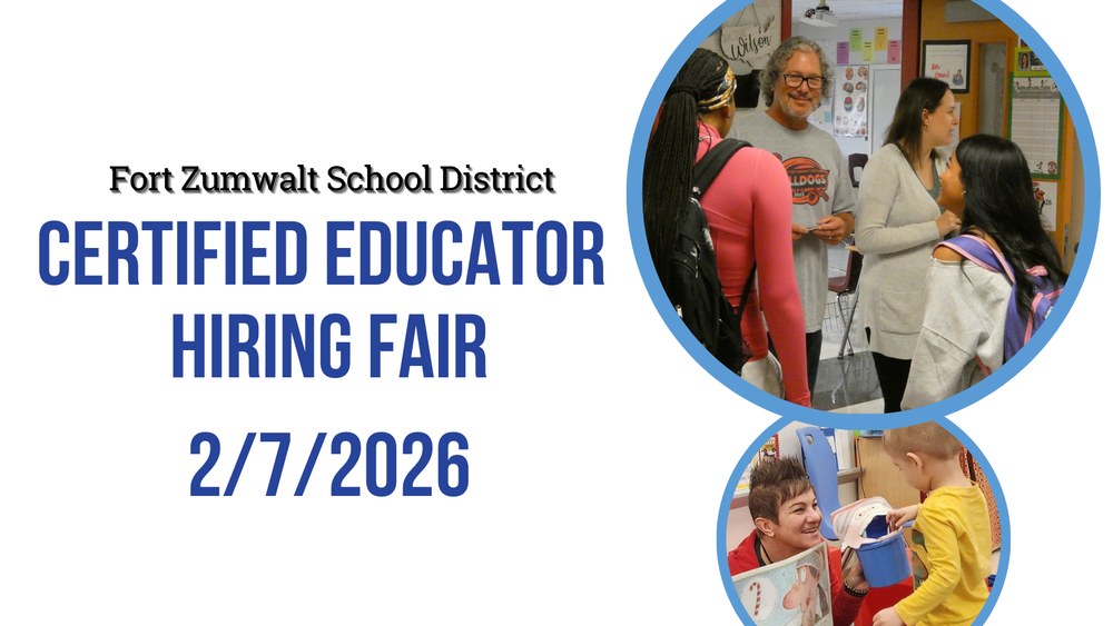 FZSD Certified Educator Hiring Fair 2/7/2026 with photo of High School teacher visiting with students in the hall and preschool teacher sharing a book on the floor with a student