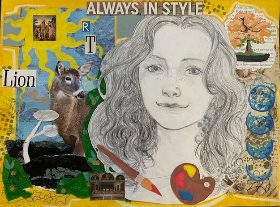 On a yellow background, a pencil drawing of a teen girl with freckles is overlaid on a collage with an art pallete, paint brush, dear, tree and other items