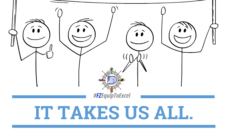 Stick people cheer with district logo and headline It Takes Us All