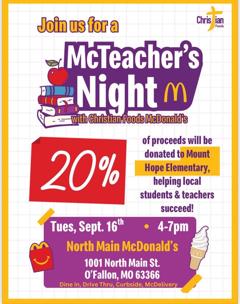 McTeacher night 9/16 4-7PM 1001 N Main St