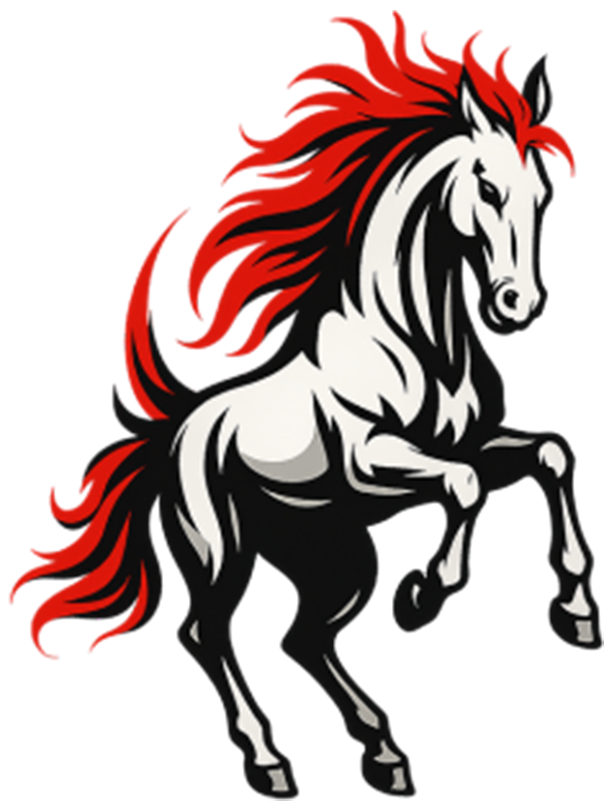 South MS Logo - a black and white mustang on its rear legs, red hair on the mane and tail