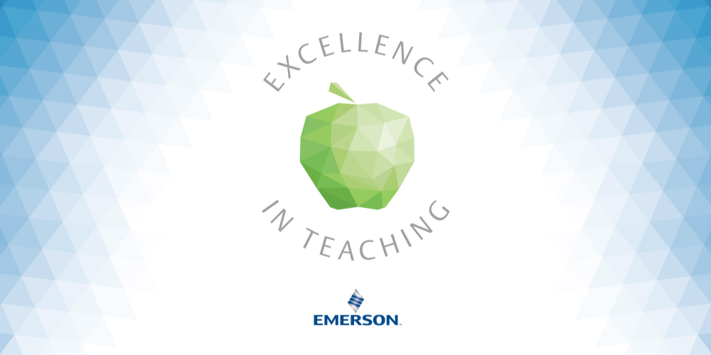 paneled green apple logo on paneled blue background for Emerson Excellence in Teaching award