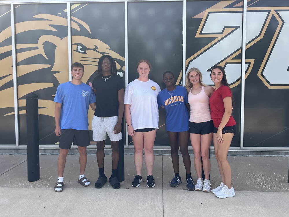 FZE State Competitors - Francisco Vasquez III, Brysen Spears, Katie Volz, Jaylie Jackson, Celia Staley, Avery Foster - posing in front of school before leaving for state