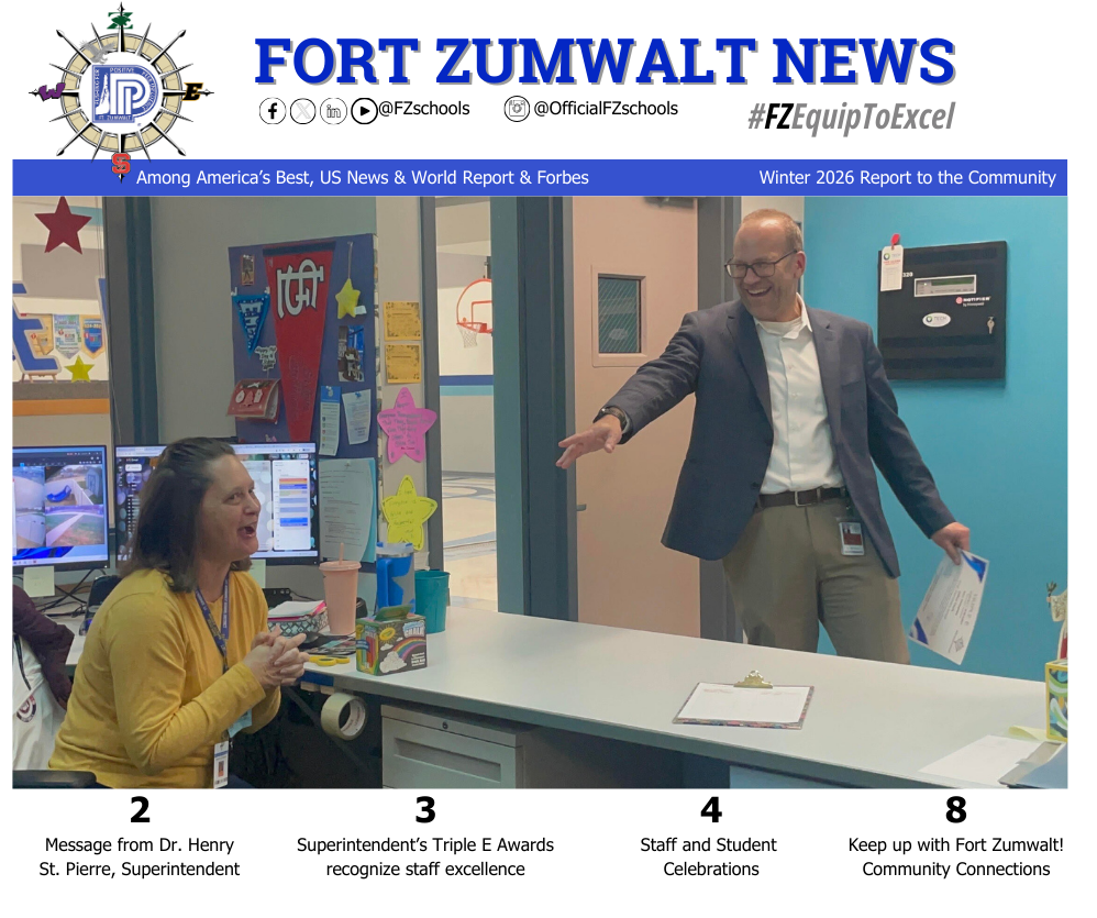 Newsletter cover featuring photo of surprised staff member as superintendent arrives to present a Triple E award.