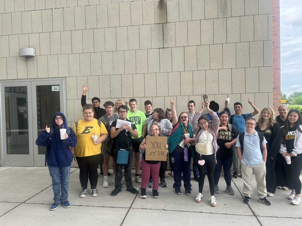 Our work based learning students celebrating outside East with their first place trophy