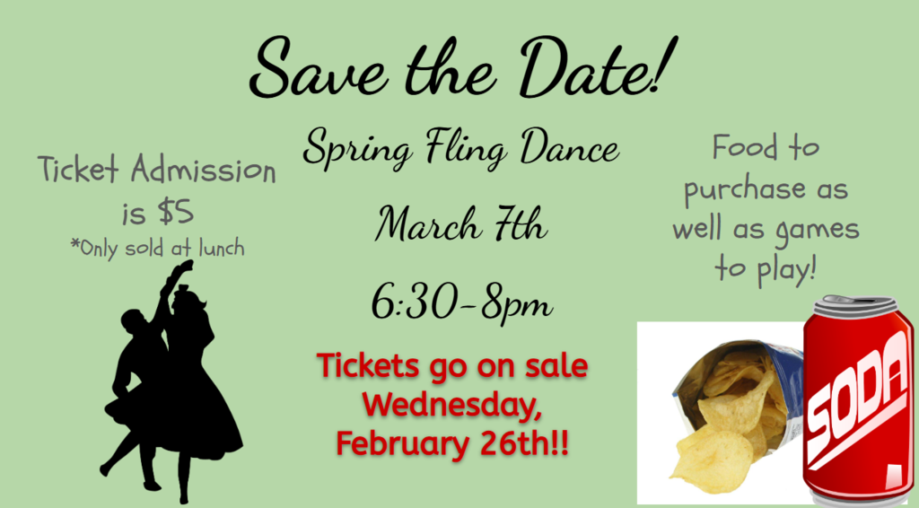 SAVE THE DATE for the Spring Fling Dance on Friday, March 7th 6:30-8pm! Tickets are $5 each sold only at lunch! Tickets go on sale Wednesday, February 26th. Food will be available for purchase as well as games to play! #ItsAGreatDayToBeAMustang