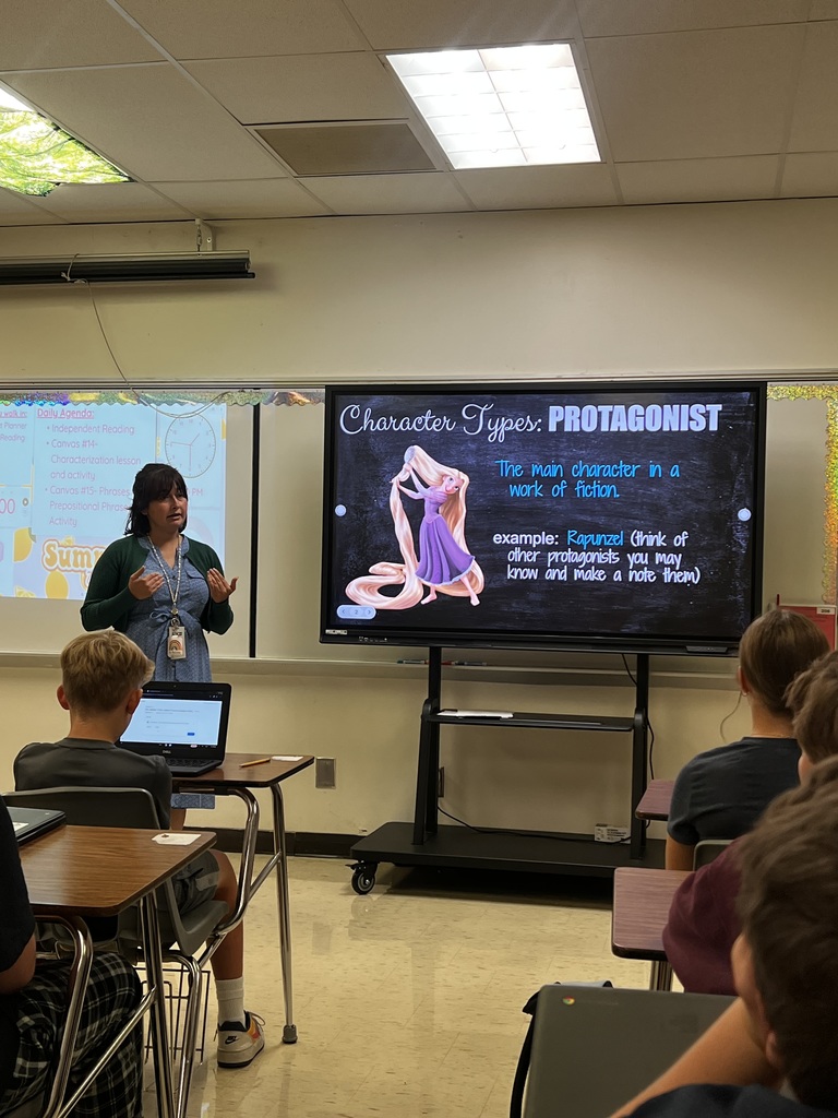 Ms. Belmar and her students are discussing the difference between a protagonist and an antagonist! #ItsAGreatDayToBeAMustang!