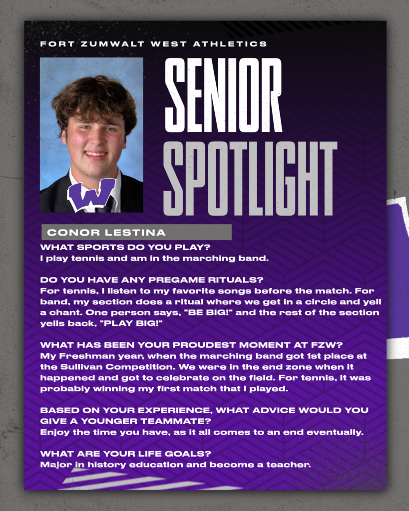 As the 2025-26 school year gets underway, the Fort Zumwalt West school community will recognize the accomplishments and wisdom of our seniors each Friday of a full week for the remainder of the school year. In May, as graduation approaches, there will be a Senior Spotlight each school day.