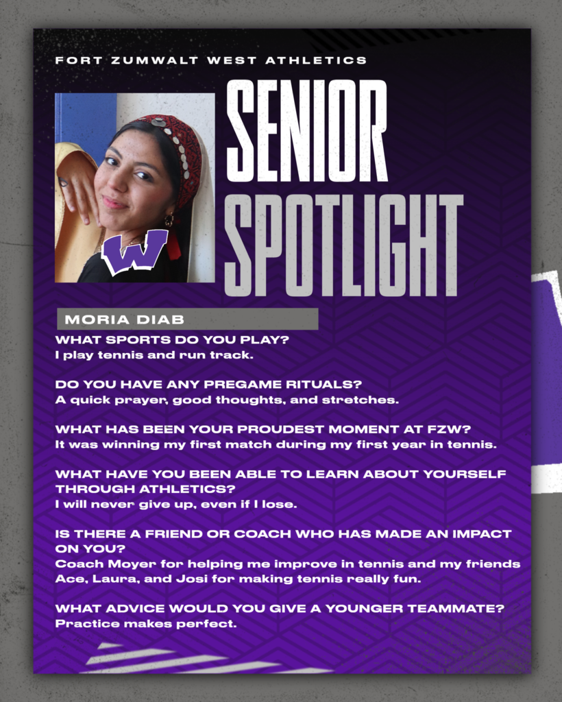 As the 2025-26 school year gets underway, the Fort Zumwalt West school community will recognize the accomplishments and wisdom of our seniors each Friday of a full week for the remainder of the school year. In May, as graduation approaches, there will be a Senior Spotlight each school day.
