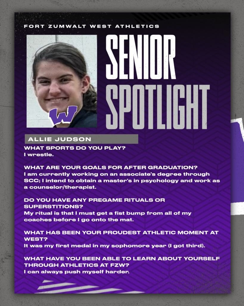 As the 2025-26 school year gets underway, the Fort Zumwalt West school community will recognize the accomplishments and wisdom of our seniors each Friday of a full week for the remainder of the school year. In May, as graduation approaches, there will be a Senior Spotlight each school day.