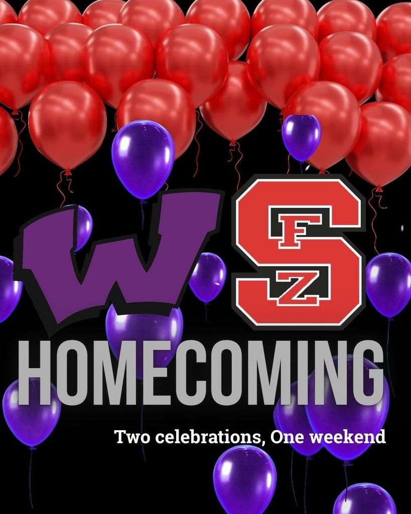 red and purple balloons on a black background with the West and South logos: Homecoming. Two celebrations, One weekend