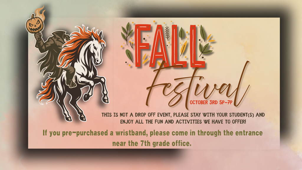 Join us from 5–7 PM for South Middle’s 4th Annual Fall Festival! Games, prizes, raffle baskets, cocoa, hot dogs & cozy fall vibes—all for just $5 per person or $20 per family. If you pre-purchased a wristband, please come in through the entrance near the 7th grade office.