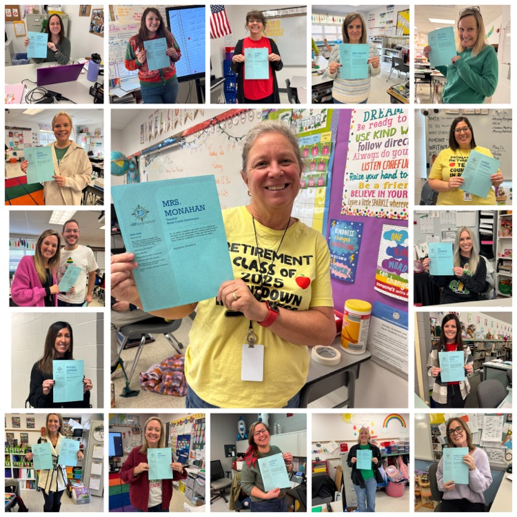 Collage of teachers and staff holding up blue notes from families and students
