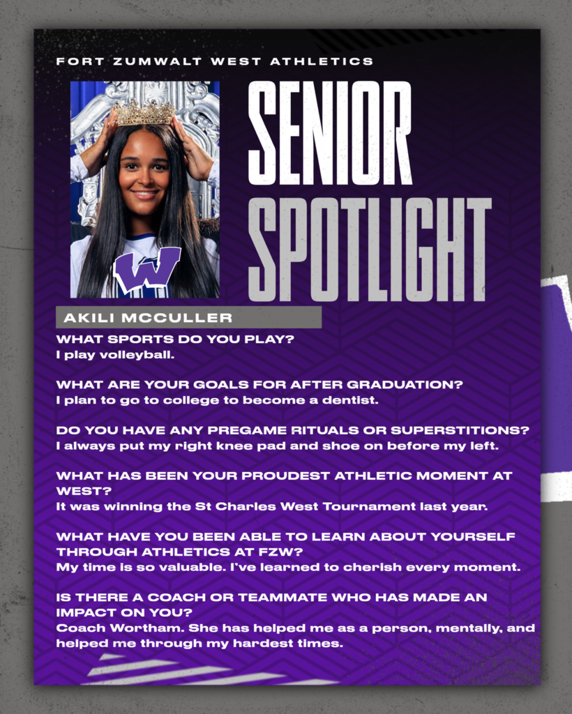 The Zumwalt West school community will recognize the accomplishments and wisdom of our seniors each Friday of a full week for the remainder of the school year. In May, as graduation approaches, there will be a Senior Spotlight each school day.