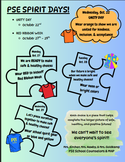 Flyer about spirit days Monday is "wear red" Tuesday is "neon day" Wednesday is PSE spirit wear.