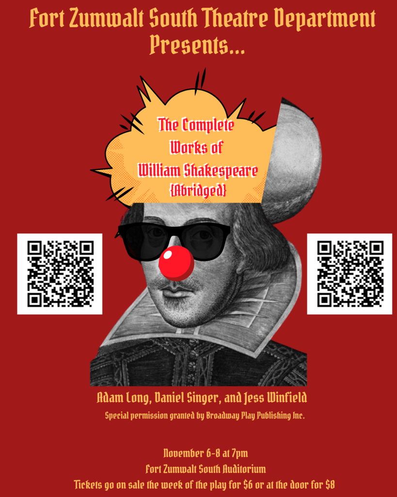 Student designed show poster features clipart Shakespeare wearing clown nose, sun glasses. Graphic expresses his mind is "blown!"